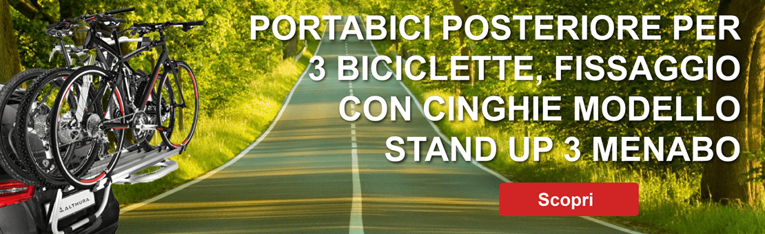 PORTABICI POSTERIORE PER 3 BICICLETTE, FISSAGGIO CON CINGHIE MODELLO STAND UP 3 MENABO